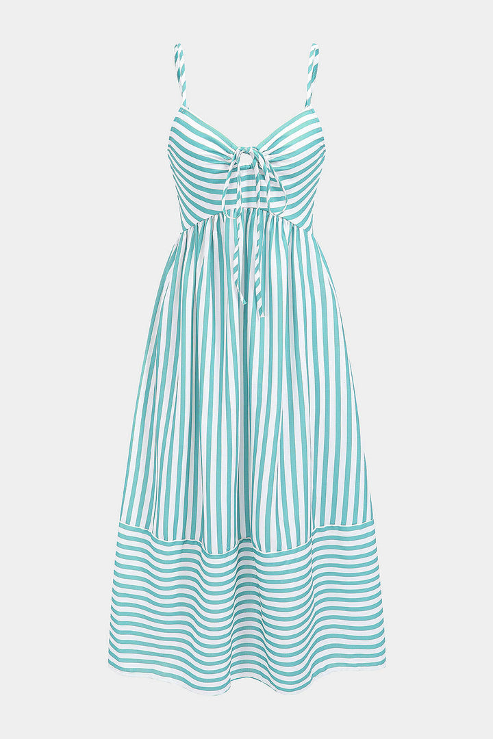 Stripes Print V-Neck Tie-Up Slip Sleeveless Maxi Dress