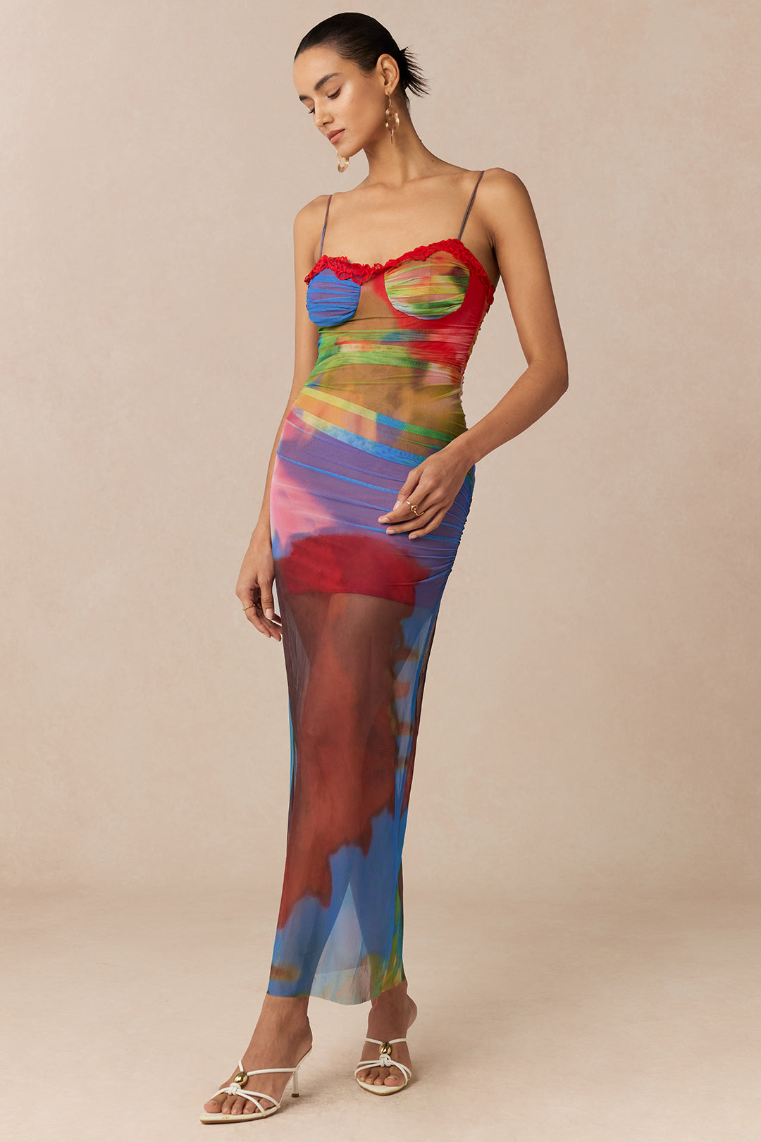 Multicolor Abstract Print Mesh Patchwork Lace Trim Asymmetrical Ruched Sleeveless Maxi Dress