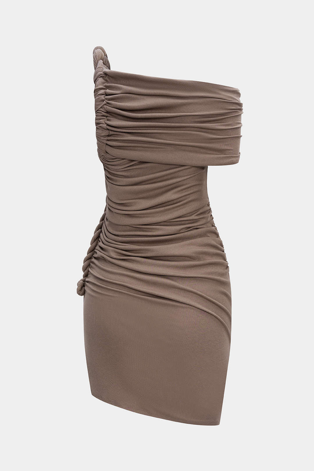 Ruched Twist Knot One Shoulder Short Sleeve Mini Dress