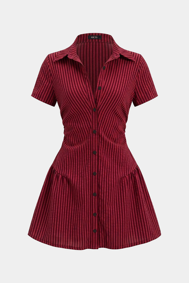 Stripes Print V-Neck Short Sleeve Mini Dress