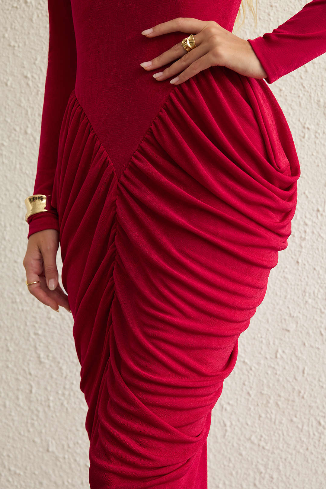 Mock Neck Shoulder Pads Crossed Ruched Backless Long-Sleeve Maxi Dress
