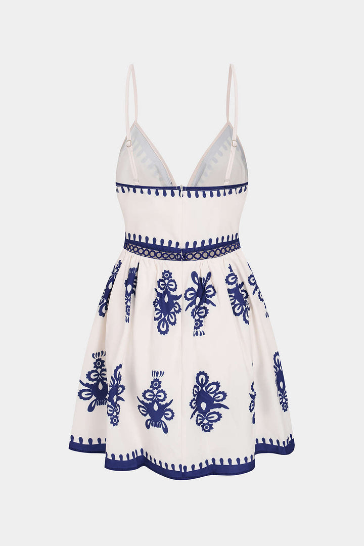 Contrast Floral Print V-Neck Cut Out Sleeveless Mini Dress