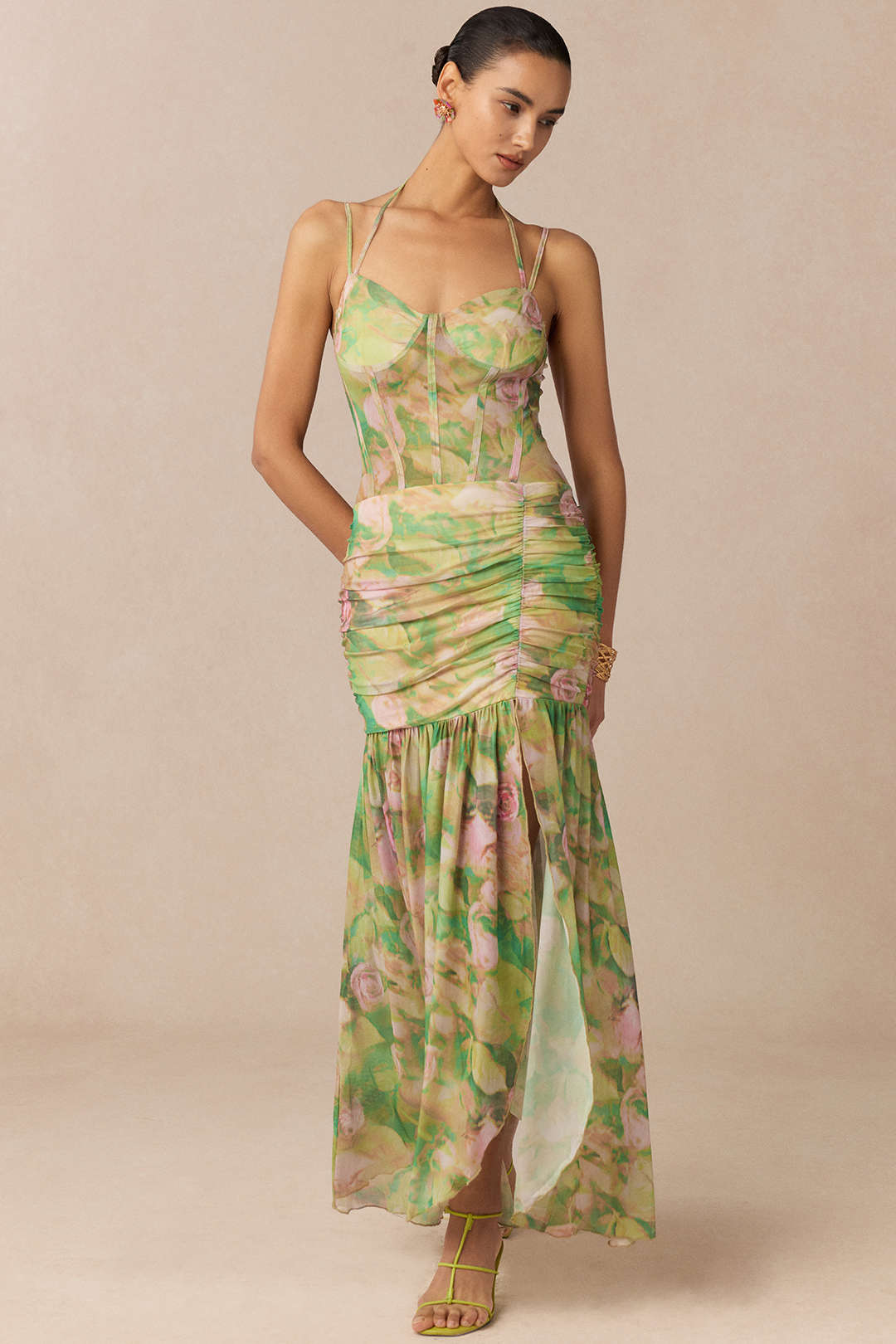 Floral Print Tie-Up Slip Split Sleeveless Midi Dress