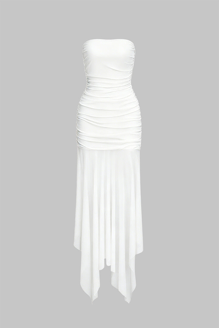Mesh Strapless Irregular Hem Midi Dress
