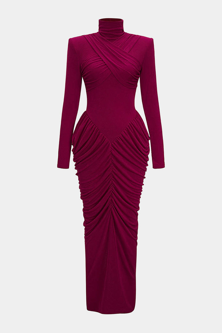 Mock Neck Shoulder Pads Crossed Ruched Backless Long-Sleeve Maxi Dress