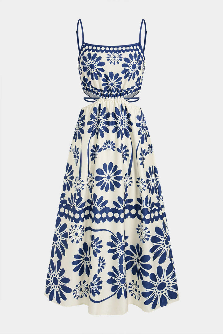 Floral Print Tie Back Cut Out Backless Sleeveless Midi Dress