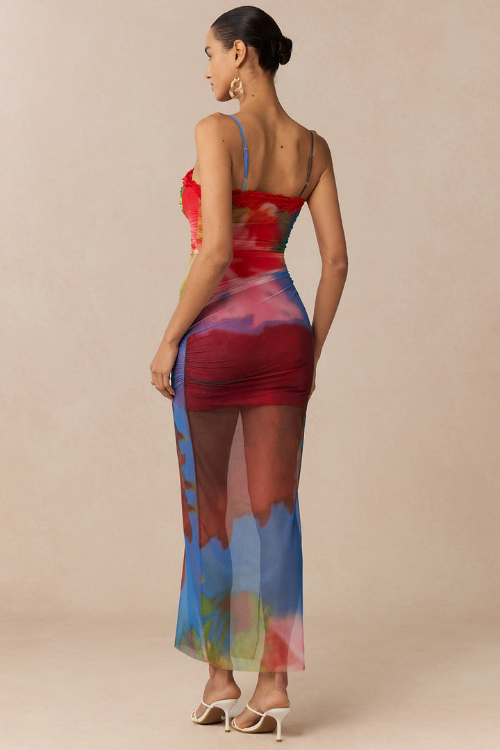 Multicolor Abstract Print Mesh Patchwork Lace Trim Asymmetrical Ruched Sleeveless Maxi Dress