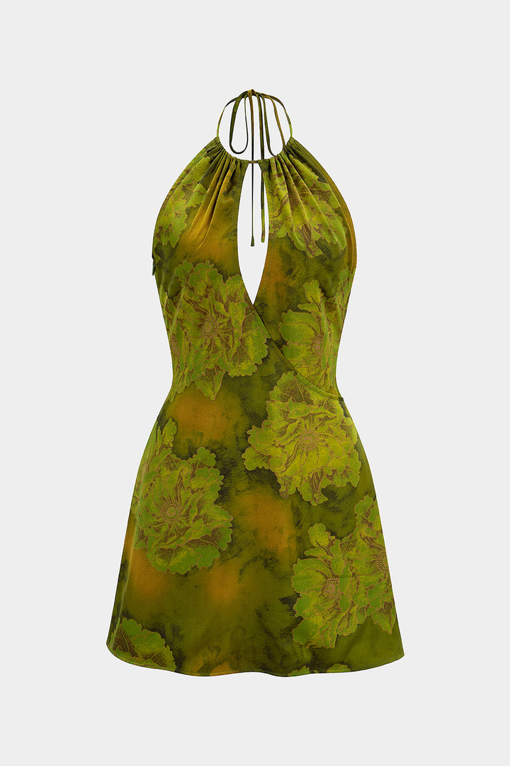 Floral Print Satin Halter Neck Tie-Up Cut Out Sleeveless Mini Dress