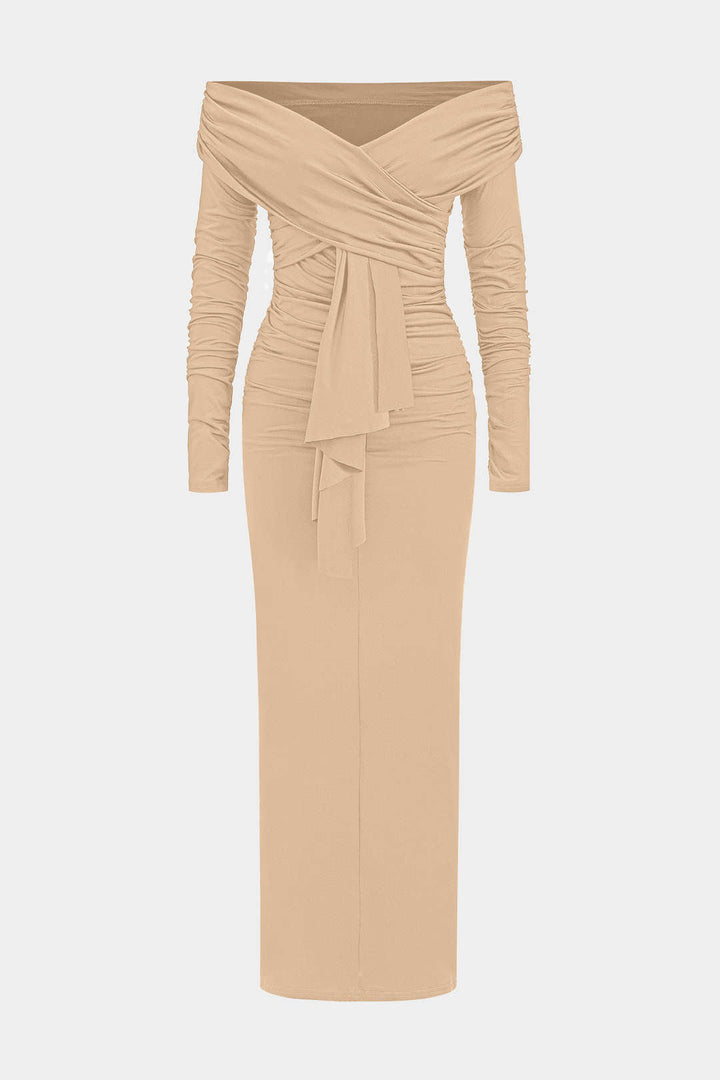 Off-Shoulder Draped Ruched Maxi Dress