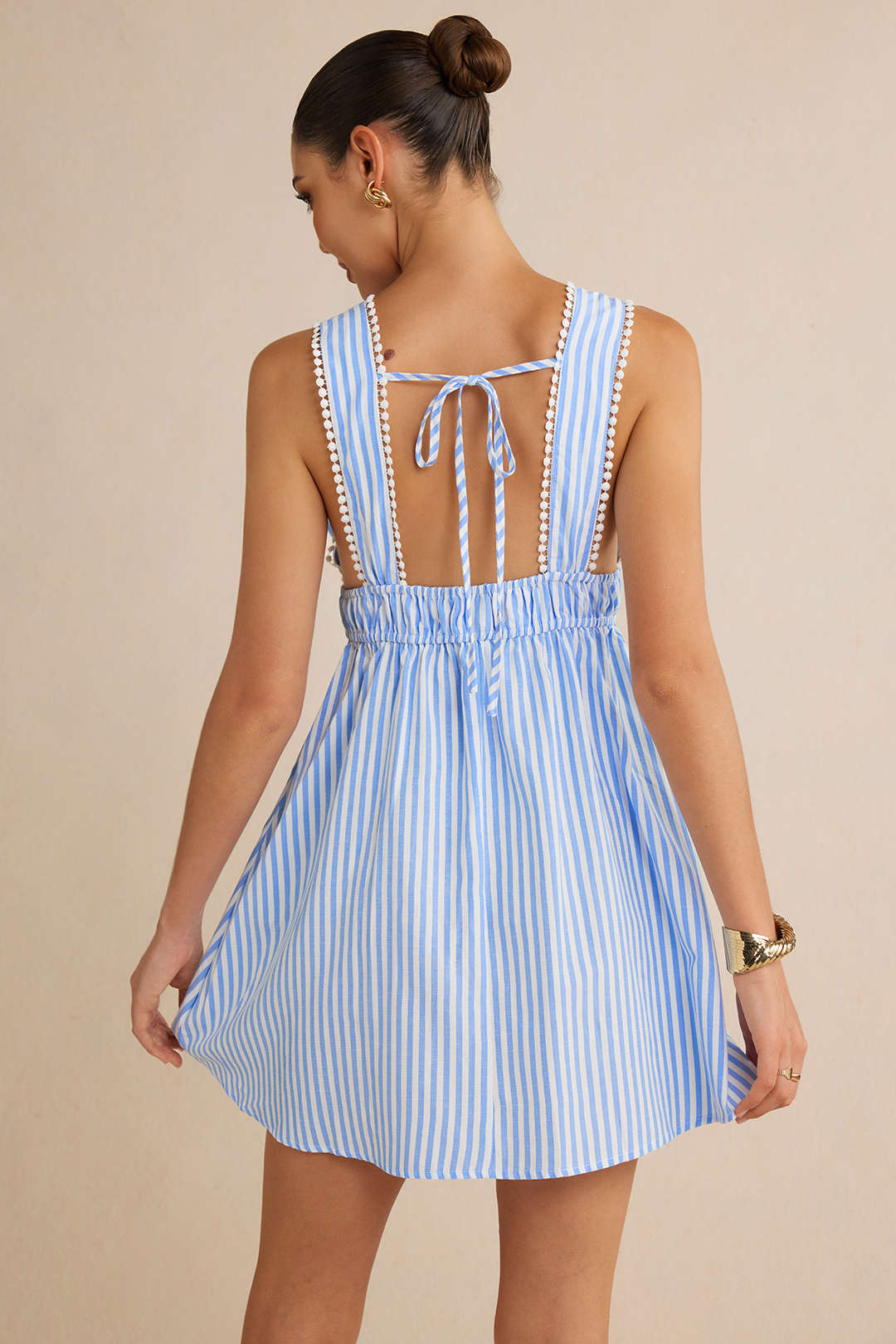 Stripe Print V-Neck Tie-Up Backless Sleeveless Mini Dress