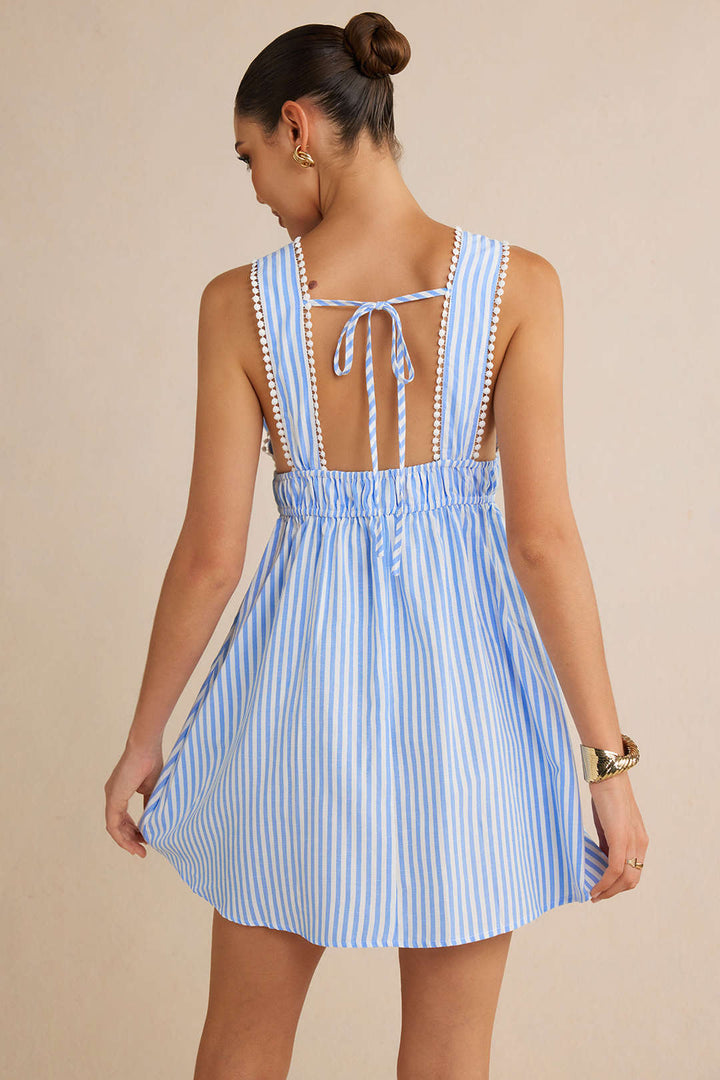 Stripe Print V-Neck Tie-Up Backless Sleeveless Mini Dress