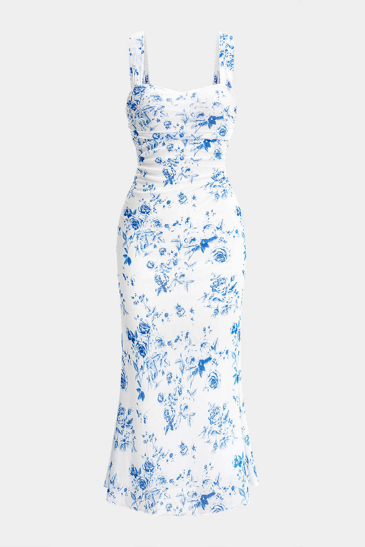 Ditsy Floral Print Mesh Sleeveless Midi Dress