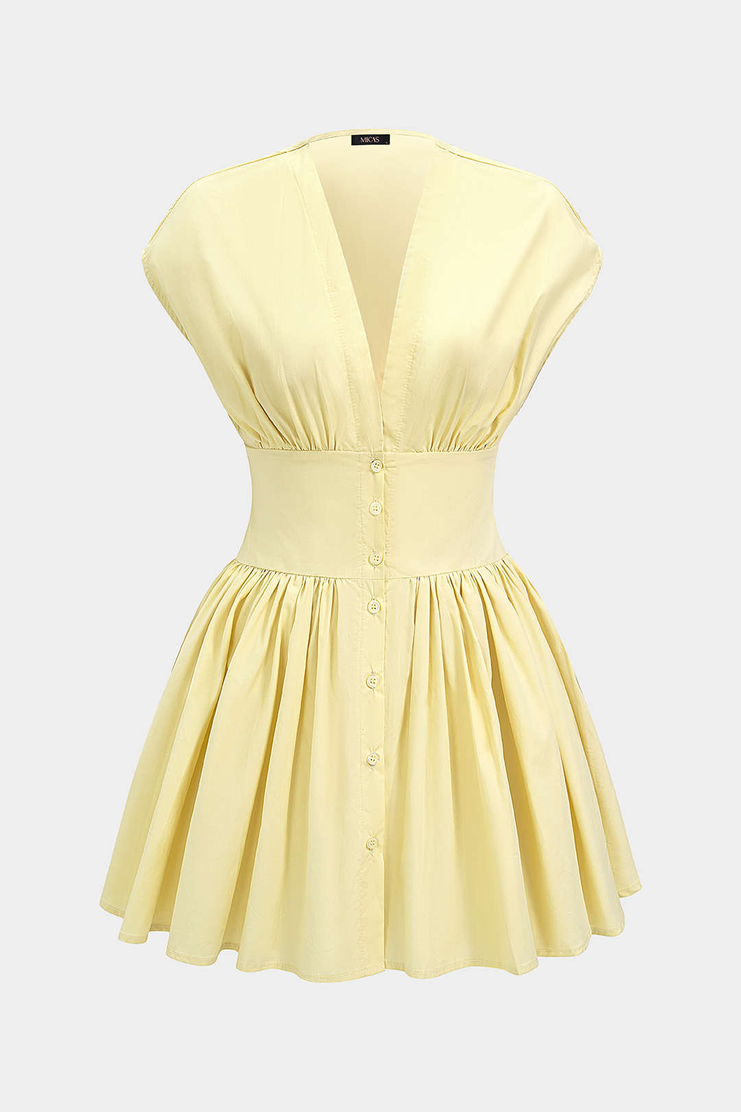 V-Neck Button Ruched Sleeveless Mini Dress