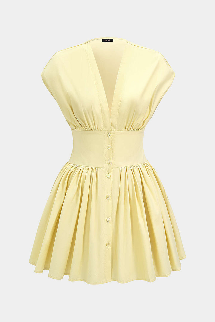 V-Neck Button Ruched Sleeveless Mini Dress