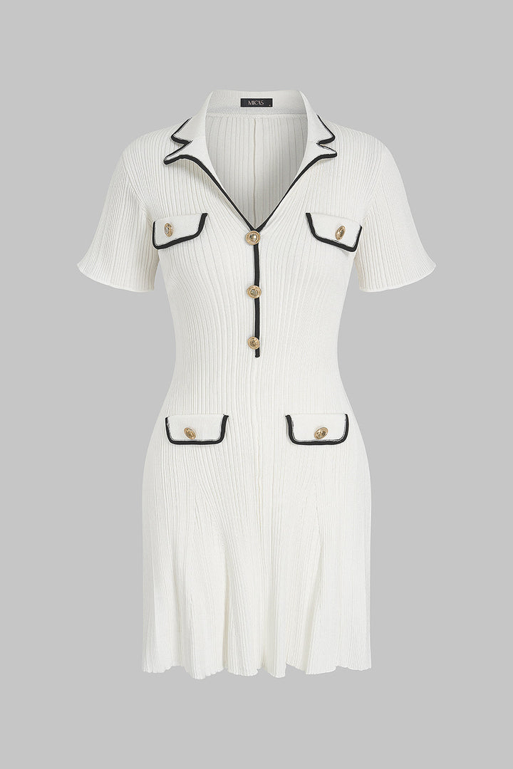Knit Contrast Trim Metallic Button Short Sleeve Mini Dress