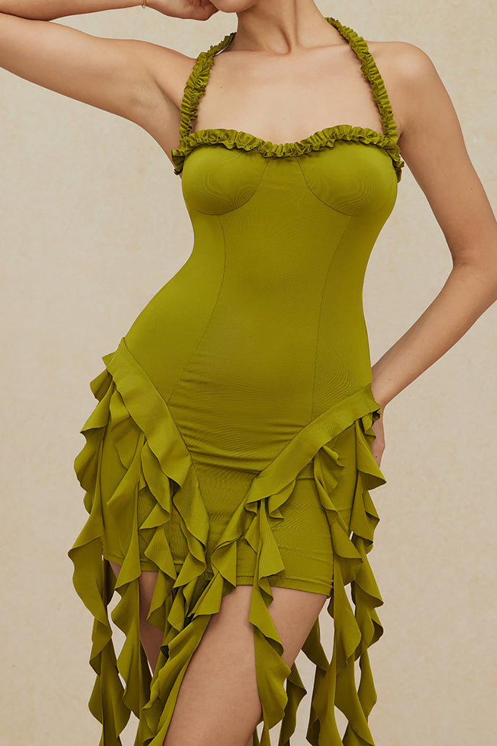 Ruched Tassel Halter Bustier Mini Dress