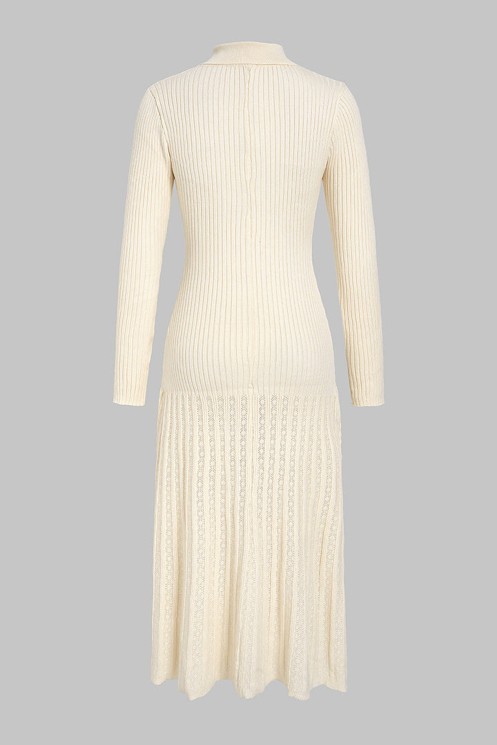 Knit Lapel Metallic Button Ribbed Long Sleeve Maxi Dress