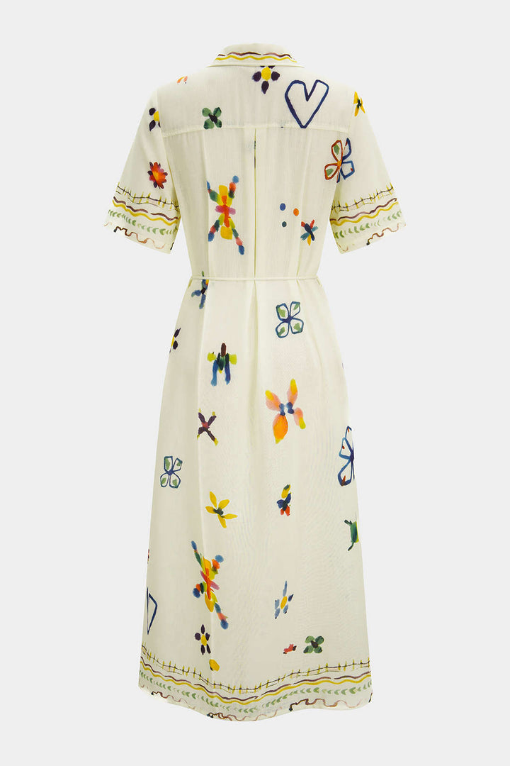 Graffiti Print Button Pocket Belted Short Sleeve Midi Dress