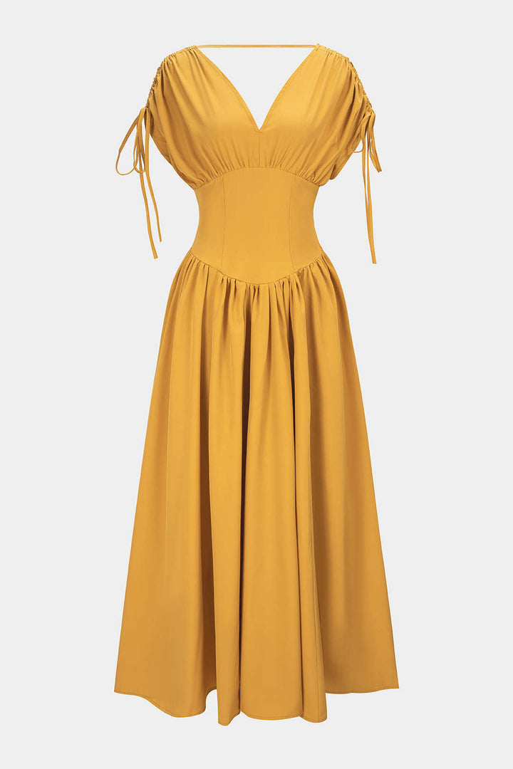 V-Neck Tie-Up Ruched Sleeveless Maxi Dress