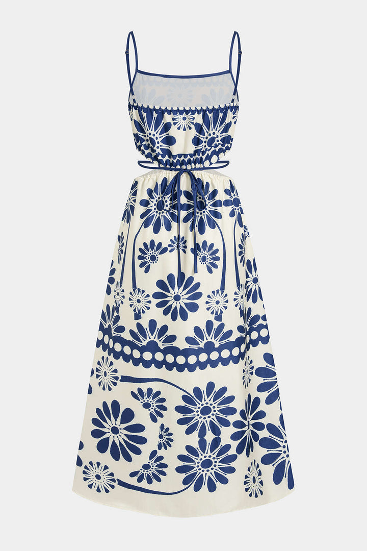 Floral Print Tie Back Cut Out Backless Sleeveless Midi Dress