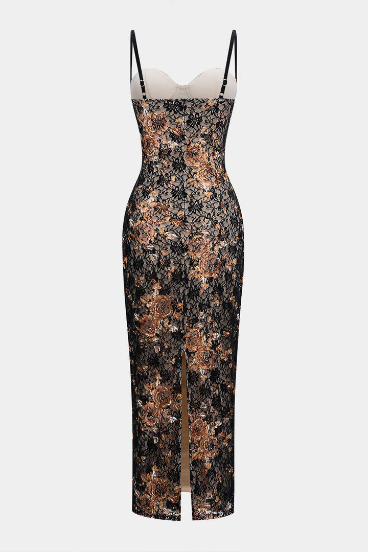 Floral Print Lace Patchwork Slip Underwire Sleeveless Maxi Dress