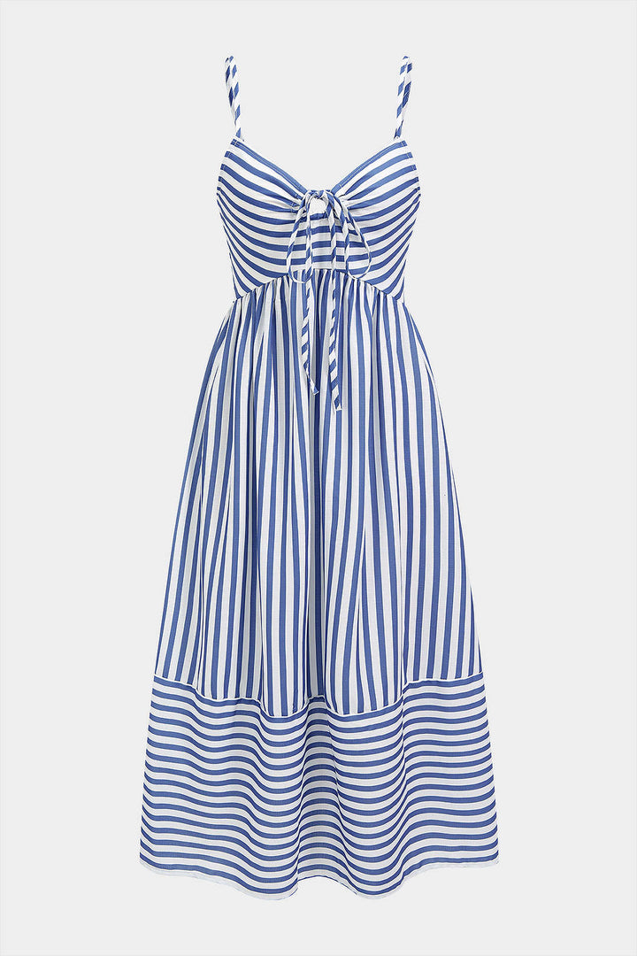 Stripes Print V-Neck Tie-Up Slip Sleeveless Maxi Dress