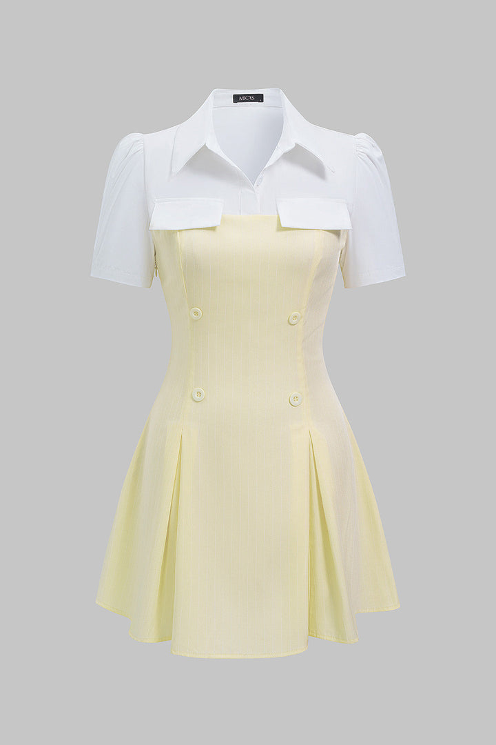 Contrast Stripes Print Button Lapel Patchwork Short Sleeve Mini Dress