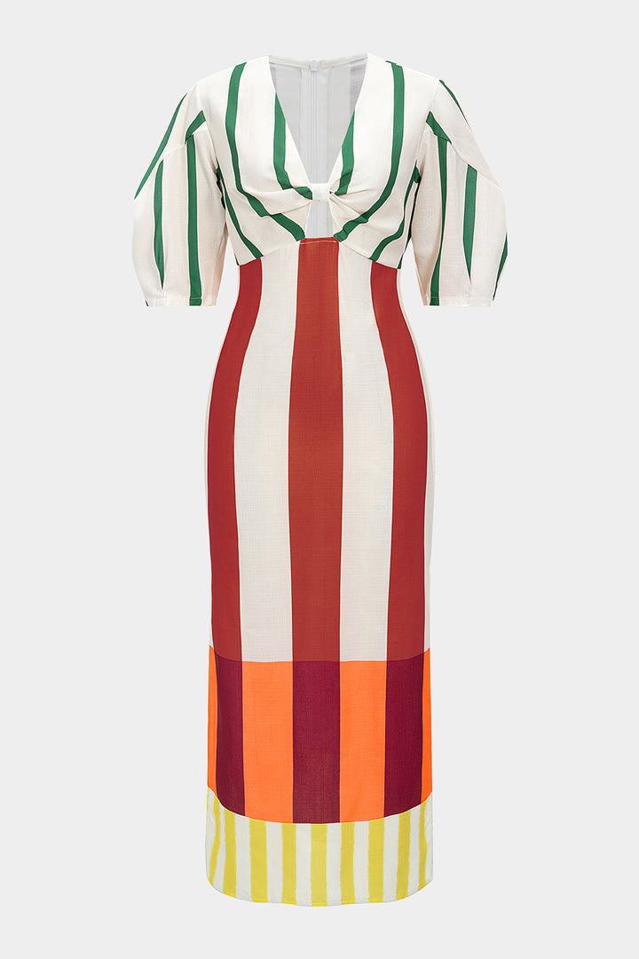 Stripes Print Linen Hollow Out Short Sleeve Midi Dress