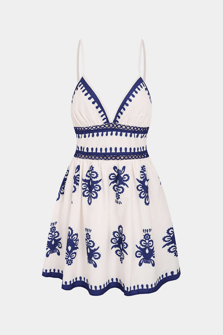 Contrast Floral Print V-Neck Cut Out Sleeveless Mini Dress