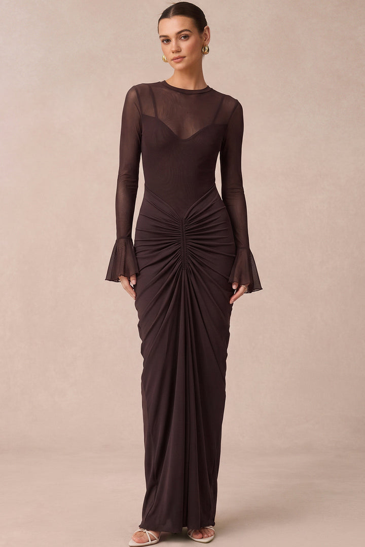 Mesh Patchwork Ruched Bell Long Sleeve Maxi Dress