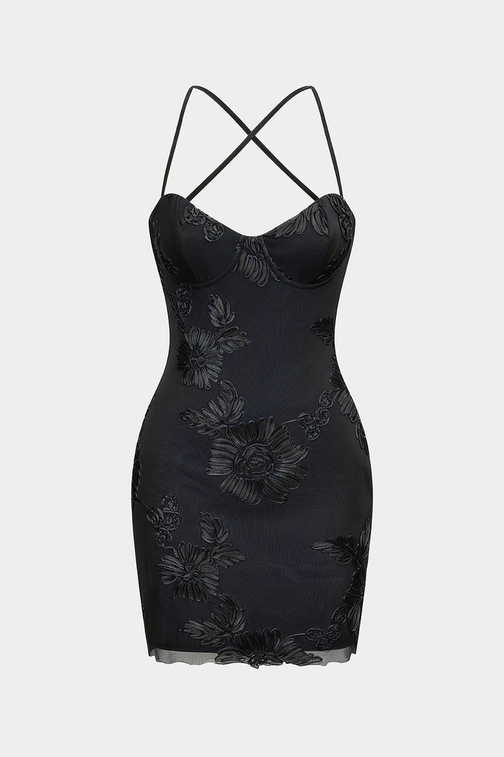 3D Floral Tie Back Backless Sleeveless Mini Dress