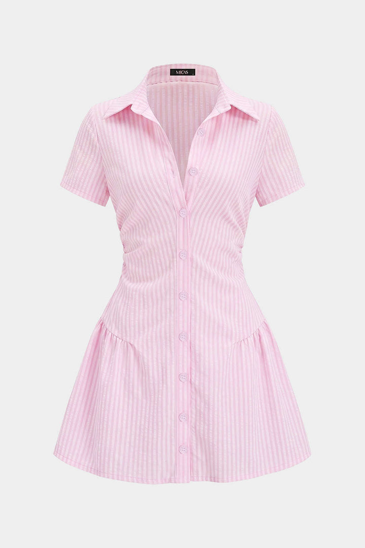 Stripes Print V-Neck Short Sleeve Mini Dress