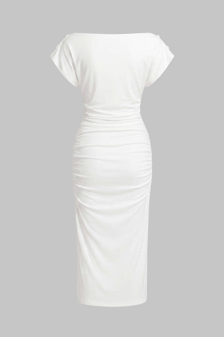 Solid Button Short Sleeve Midi Dress