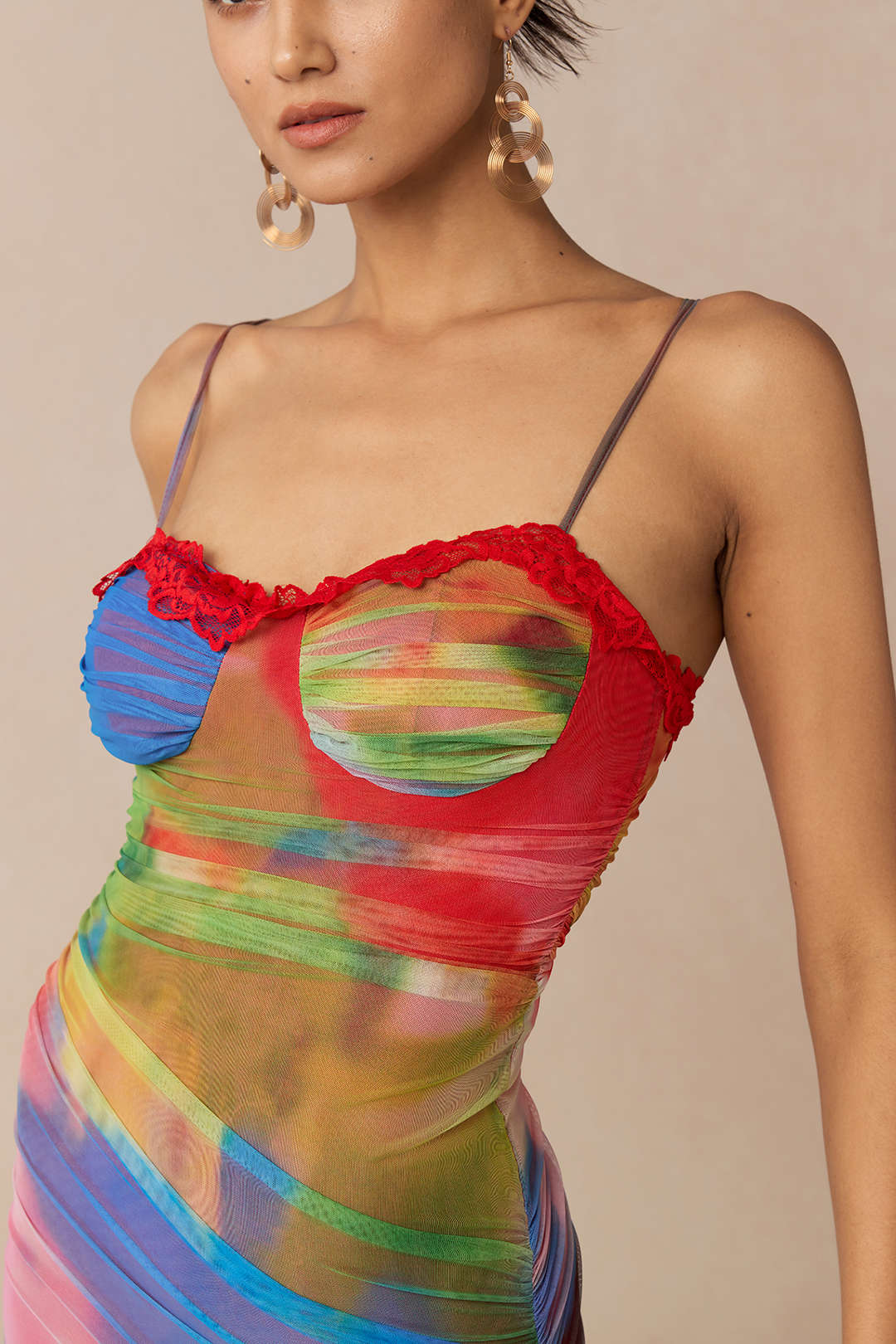 Multicolor Abstract Print Mesh Patchwork Lace Trim Asymmetrical Ruched Sleeveless Maxi Dress