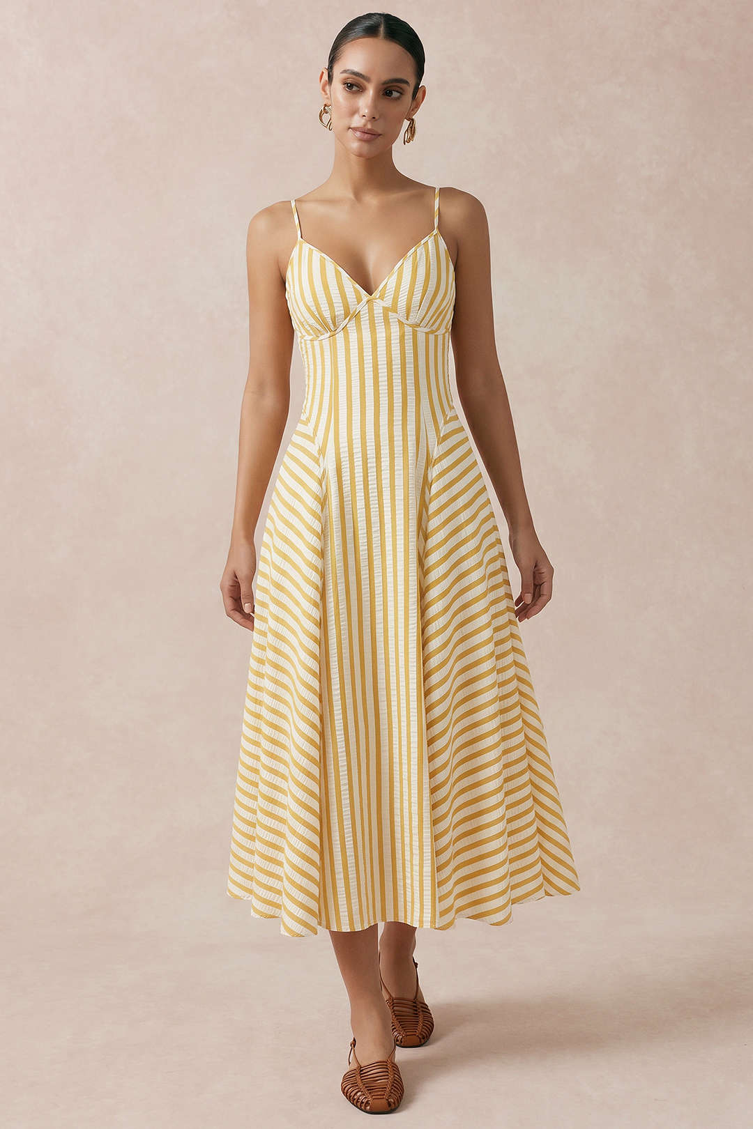 Stripes Print V-Neck Slip Sleeveless Midi Dress