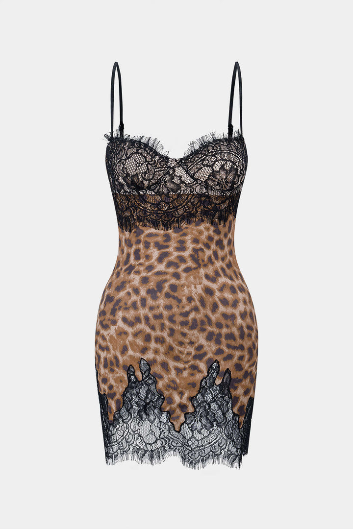Leopard Print Lace Patchwork Backless Sleeveless Mini Dress