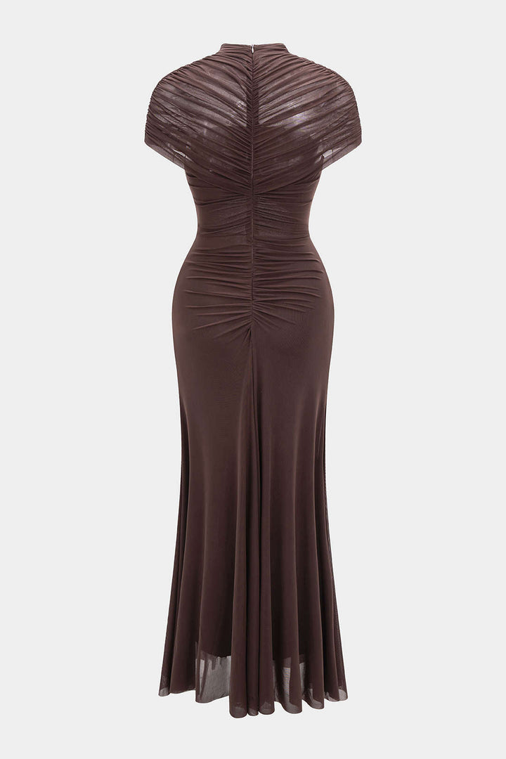 Mesh Ruched Cut Out Short Sleeve Maxi Dress