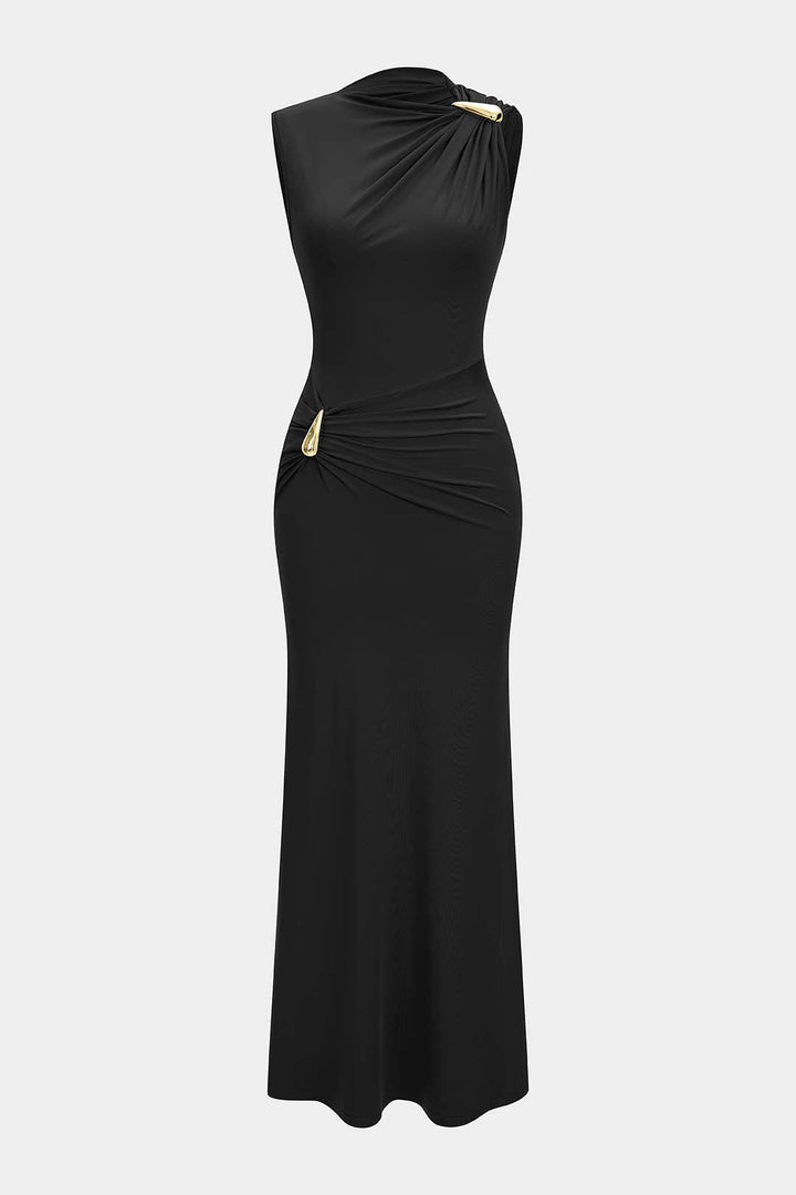 Metallic Decor Ruched Sleeveless Maxi Dress