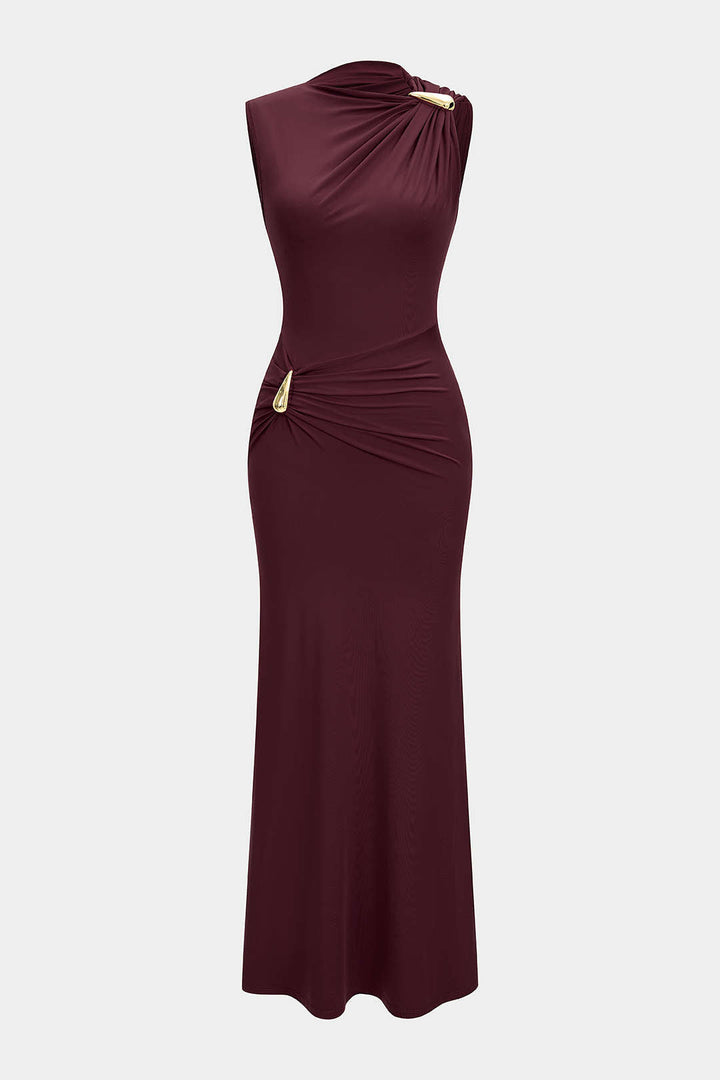 Metallic Decor Ruched Sleeveless Maxi Dress