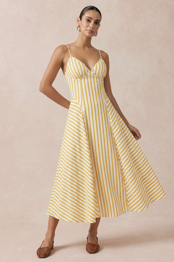 Stripes Print V-Neck Slip Sleeveless Midi Dress