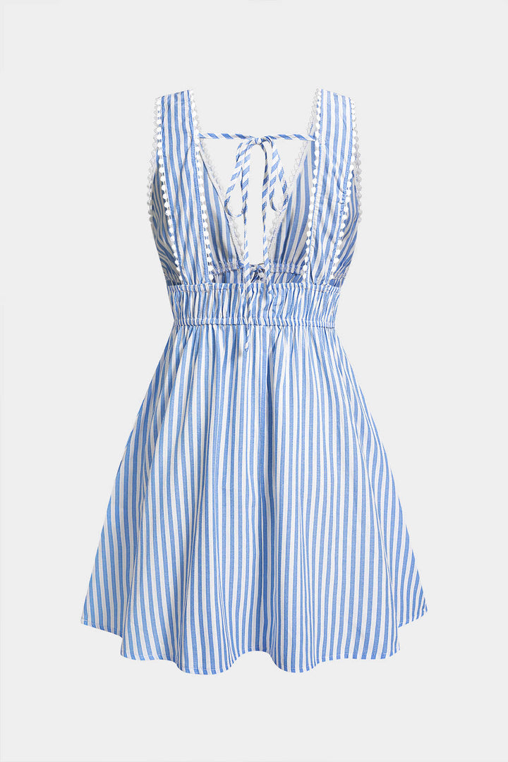 Stripe Print V-Neck Tie-Up Backless Sleeveless Mini Dress