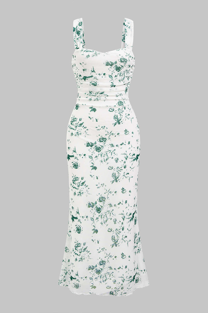 Ditsy Floral Print Mesh Sleeveless Midi Dress