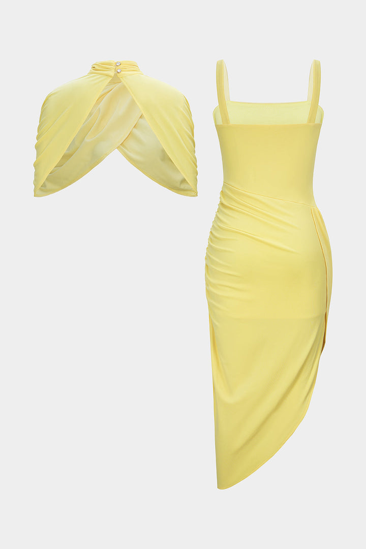 Mesh Mock Neck Cover Up And Asymmetrical Sleevelss Midi Dress
