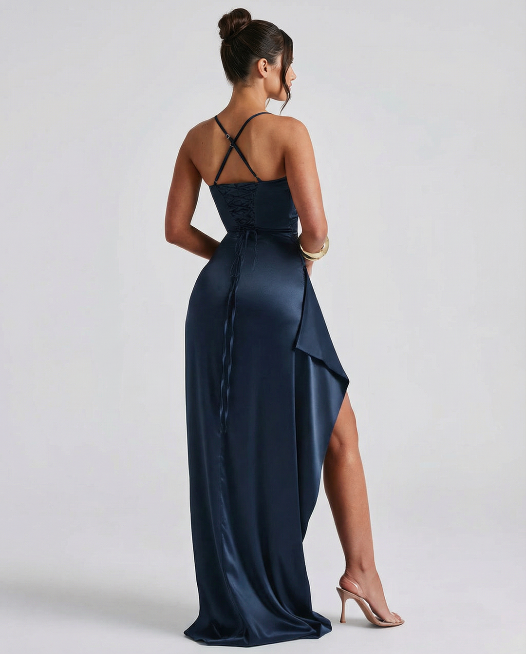 Navy Satin Ruched Split Maxi Dress