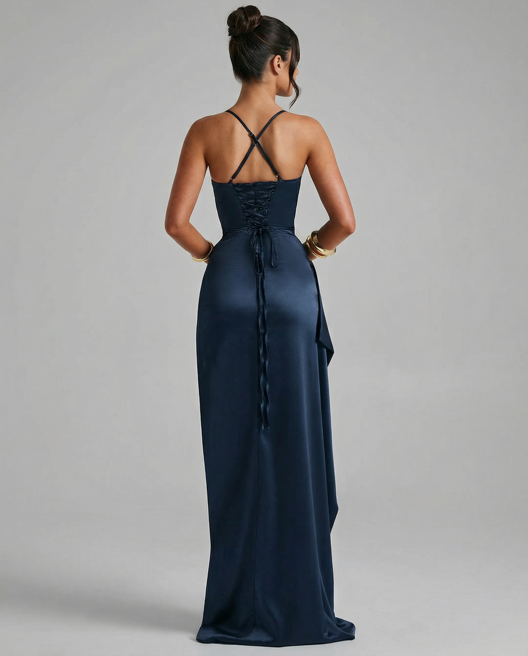 Navy Satin Ruched Split Maxi Dress