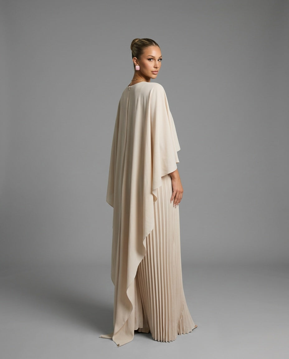 Pleated Cape Overlay Maxi Dress