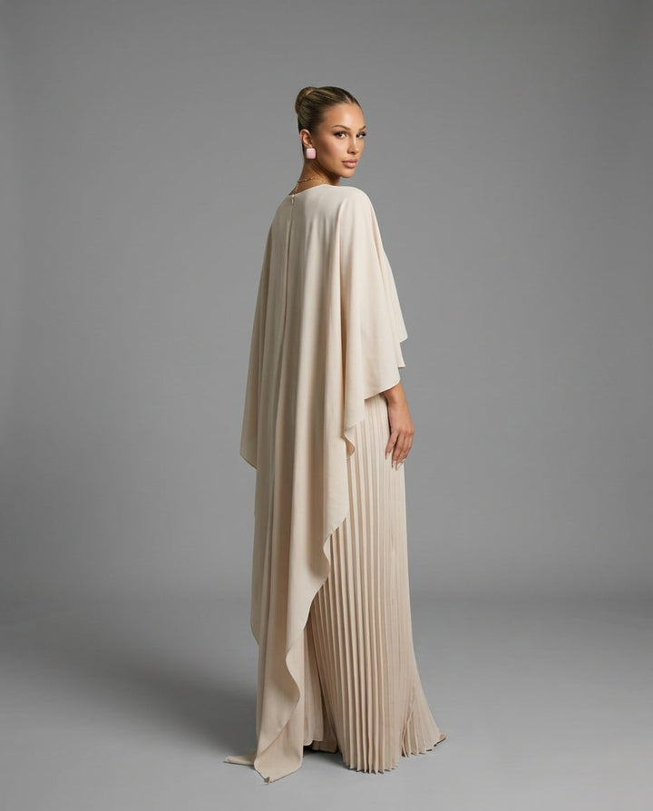 Pleated Cape Overlay Maxi Dress