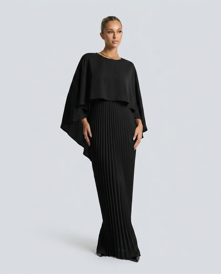 Pleated Cape Overlay Maxi Dress