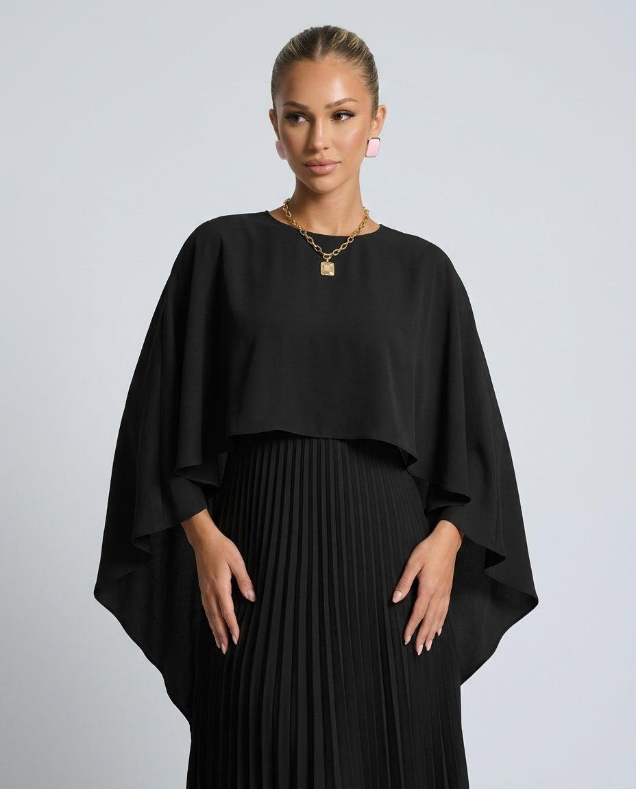 Pleated Cape Overlay Maxi Dress