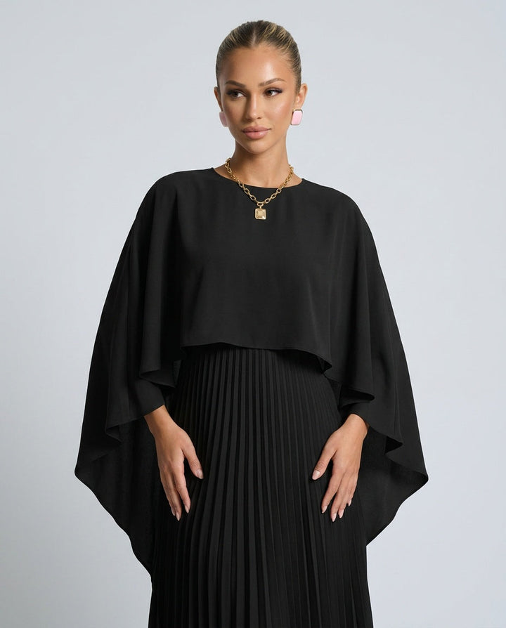 Pleated Cape Overlay Maxi Dress